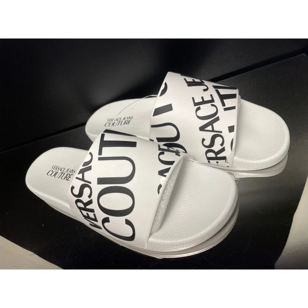 Versace Jeans Couture Mens White Black Logo Slide Sandals Summer Shoes New